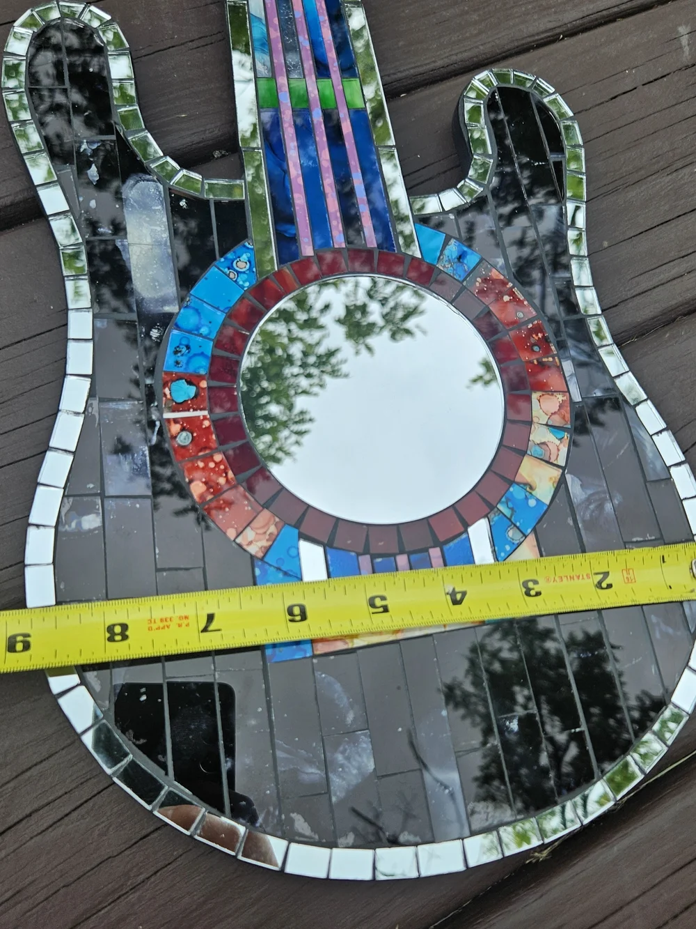 Handcrafted Mosaic Guitar Wall Mirror - Black with Multicolor Accents